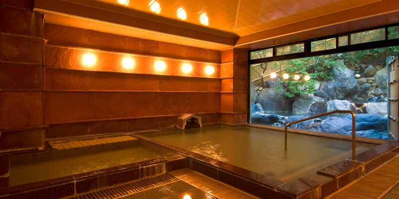 Indoor baths surrounded by red Indian sandstone
